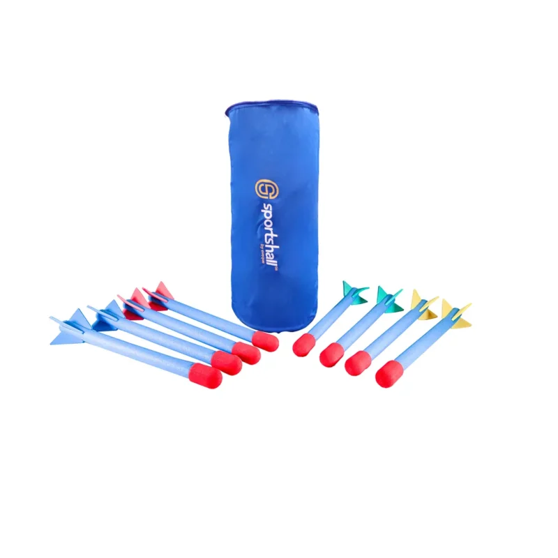 Blue cylindrical foam-dart target bag with multiple foam-tipped darts arranged around it on a white background