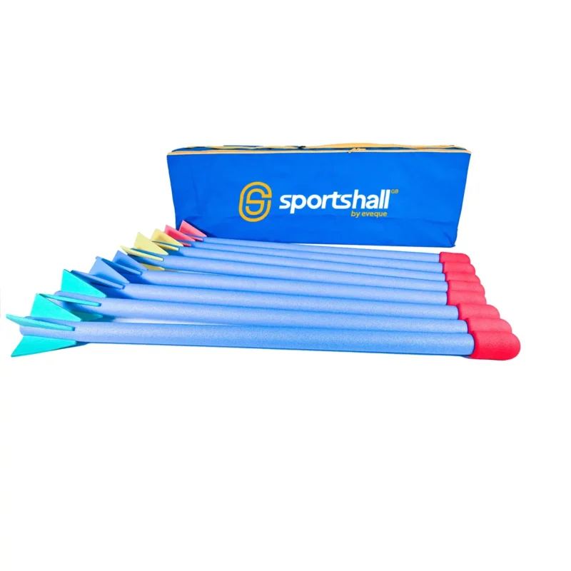 Row of blue foam pool dive sticks with pink rounded tips in front of a blue Sportshall bag.