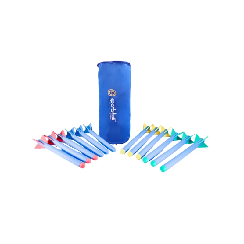 Sportshall Athletics Foam Javelin Pak, including 12 foam javelins and a blue storage bag