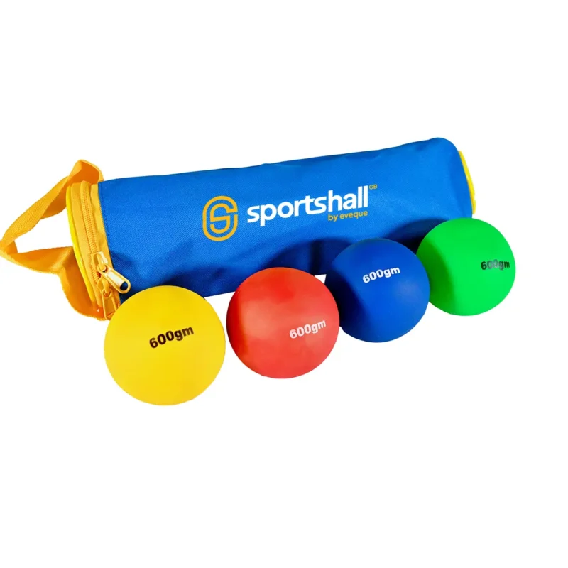 Blue sport bag labeled Sportshall with five 600g exercise balls in yellow, red, blue, and green