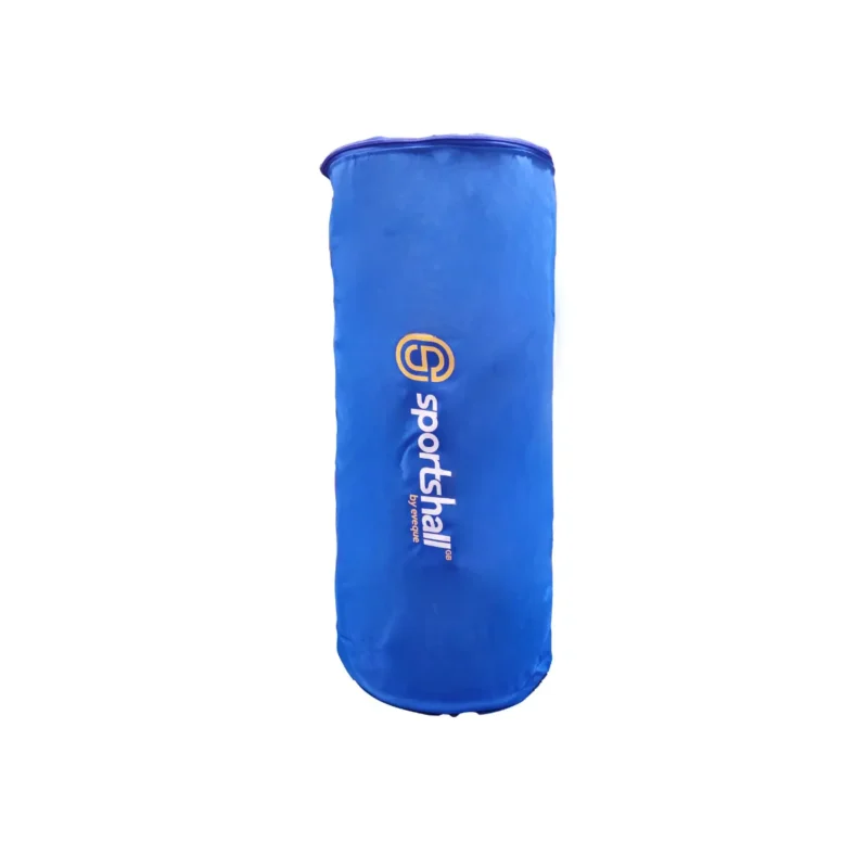 Blue cylindrical sports bag with a white and yellow logo standing upright on a white background.